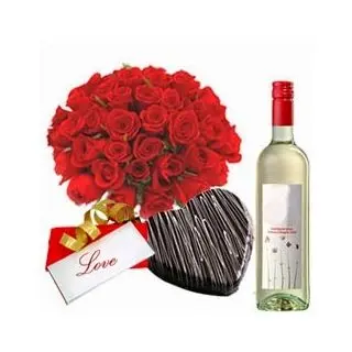 heartful sentiments..bunch of 50 red roses with 1 kg fresh cream heart shape chocolate truffle cake and bottle of white wine