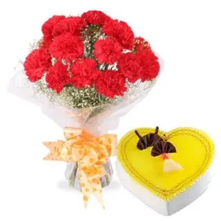 1 kg heart shape pineapple fresh cream cake with bunch of 15 red carnations 