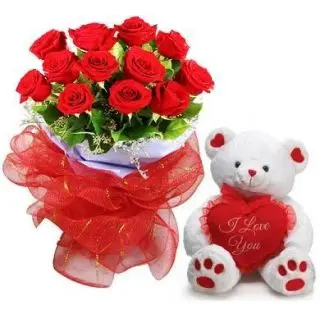Keep Loving- 12 red roses with 12 inch white teddy bear