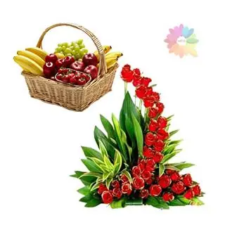L shape arrangement of 35 red roses with 3 kg seasonal mix fruit basket 