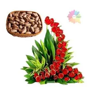 L Shape red roses arrangement with basket of half kg almonds