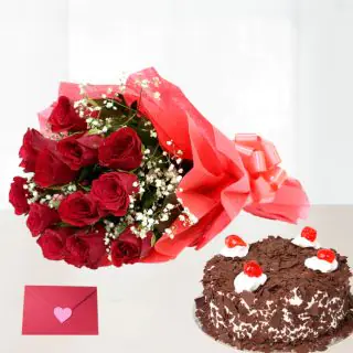 12 Red Roses Bunch with 1 pound black forest cake