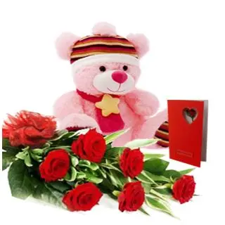 Make My Day...A 1 feet Height Cute teddy with bunch of 6 Red Roses with a greeting card