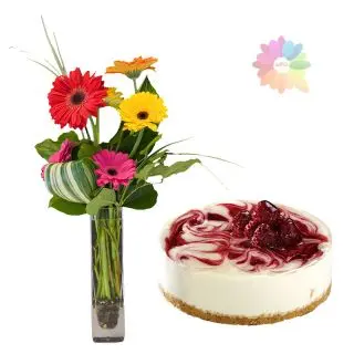 Mix colour gerberas arranged in glass vase with 1 kg blueberry cheese cake 