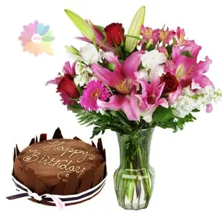 Mix flowers arranged in glassvase with 1 kg chocolate cake