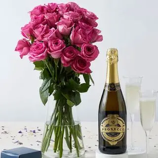 Pink Delight , Bunch of 40 Pink Roses with Bottle of red wine