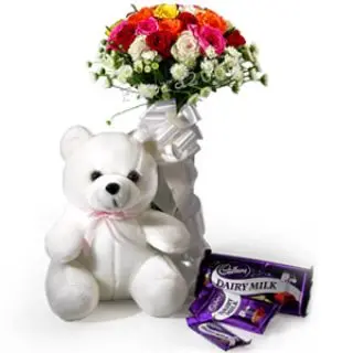 15 Mix flowers Bunch with 6 inch teddy with 4 Dairy milk