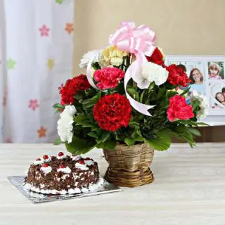 15 red and white carnations arranged in Basket with chocolate pastry