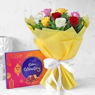 Bunch of 24 red and yellow roses with Celebration