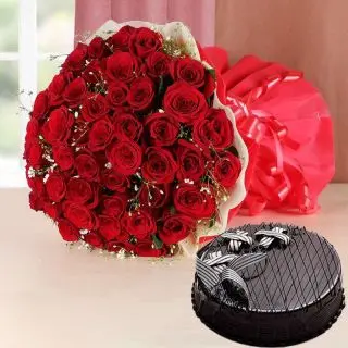 50 Red Roses with 1 pound Chocolate Truffle Cake