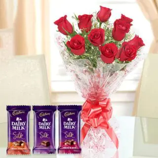 Bunch of 10 red roses with 3 dairy milk silk Cadburys