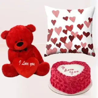 Photo cushion , 1 feet height red teddybear with 1 1 kg heart shape red velvet cake 