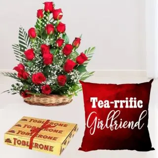 Photo cushion, basket of 20 red roses  with set of  3 toblerone chocolates  