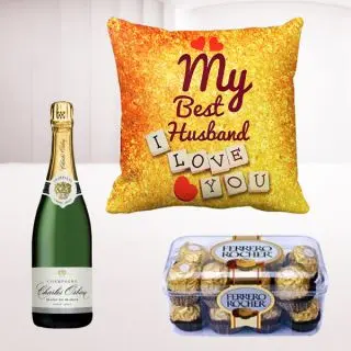 Photo cushion, Bottle of champagne with 16 pcs rocher ferrero chocolate 