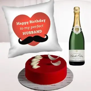 Photo cushion, Bottle of champagne with half kg red velvet cake 