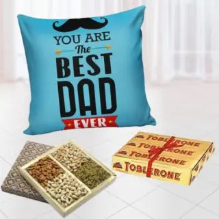 Photo cushion, half kg assorted dry fruits box with set of 3 toblerone chocolates 