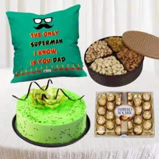 photo cushion, half kg kiwi cool cake, 24 pcs rocher ferrero chocolates, with box of  half kg assorted Dryfruits  