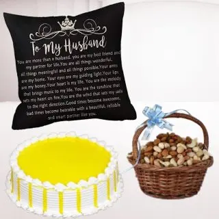 Photo cushion, Half kg mango cake with basket of half kg assorted dry fruits 