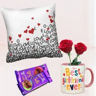 Photo cushion, photo mug with 2 red roses in it, with set of 2 dairy milk silk 