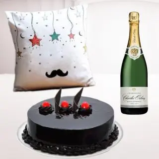 Photo cushion with half kg chocolate truffle cake, with bottle of champagne 