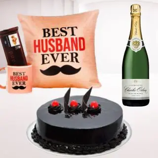 Photo cushion with photo mug, temptation chocolate, half kg chocolate truffle cake with bottle of champagne 
