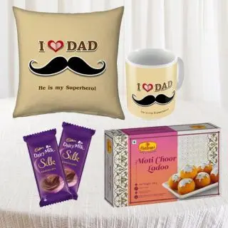 Photo cushion with photo mug , set of 2 dairy milk silk, half kg motichoor laddu 