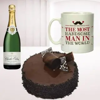 Photo Mug, bottle of champagne with half kg chocolate fantasy cake 