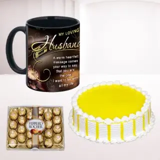 Photo mug, half kg mango cake, with 24 pcs rocher ferrero chocolates 