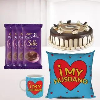Photo mug with photo cushion, set of 4 dairy milk silk with half kg irish chocolate cake 