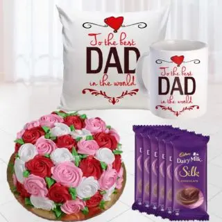 Photo mug with photo cushion, set of 6 dairy milk silk, with half kg vailla floral theme cake 