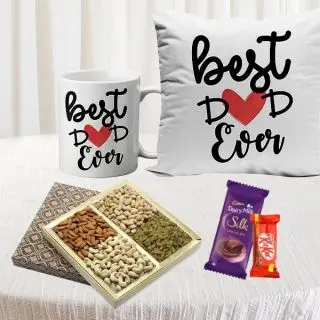 Photo mug with photo cushion with box of half kg assorted dry fruits with dairymilk and kitkat chocolates 