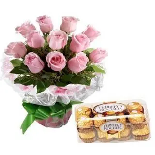 Pink Treat ...Basket of 12Pink Roses with Box of ferrero rocher