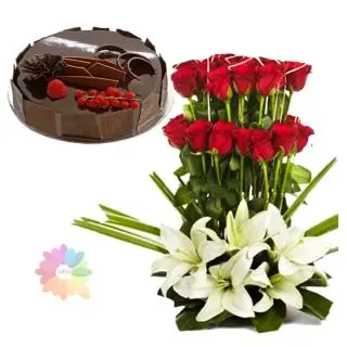 Red roses & white lilies arrangement with 1 kg chocolate truffle premium quality cake