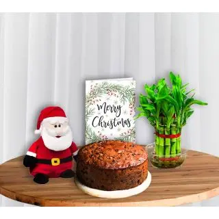 Rum n raisin cake, 2 layer lucky bamboo, santa soft toy, christmas greeting card