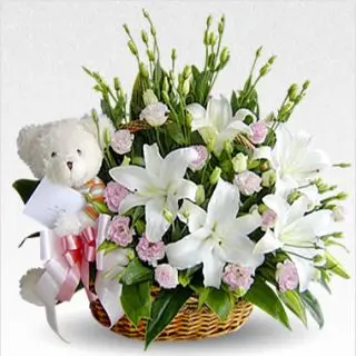 Arrangement of Lilies with teddy sitting in it