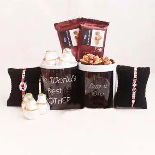 Set of 2 rakhi , 2 photo mug , 250 grams kaju roll, 250 grams almonds, 2 temptations chocolate 