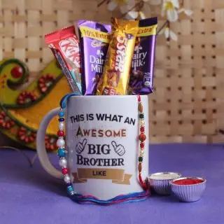 Set of 2 rakhis, 4 assorted chocolates in photo mug with roli chawal 