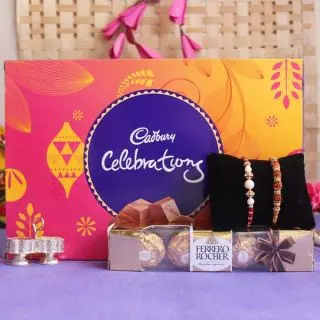 Set of 2 rakhis, box of celebration chocolates 5 pcs ferrero rocher chocolates 