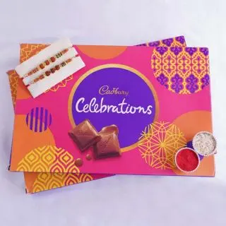 set of 2 rakhis with 2 box of celebration chocolates 