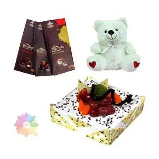 Set of 3 bournville dark chocolates with pineapplle fresh cream premium quality cake with 1 feet height white colourteddy bear