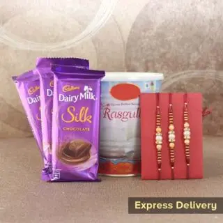 set of 3 dairy milk silk, 1 kg haldiram rasgulla , set of 3 rakhi 