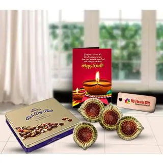 Traditional Diwali Diyas, Box of premium Cadbury dry fruit chocolates with Diwali greeting card 