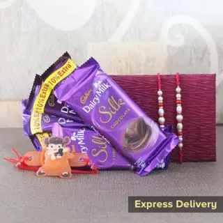set of 5 dairy milk silk, 1 kid rakhi, with pair of 2 rakhis 