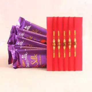 set of 5 rakhis with 5 dairy milk silk 