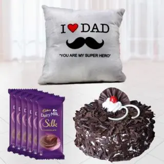 set of 6 dairy milk silk chocolates, 1 pound black forest cool cake with photo cushion 