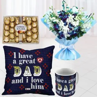 Set of photo mug with photo cushion, 24 pcs rocher ferrero chocolates, with bouquet of mix colour orchids 