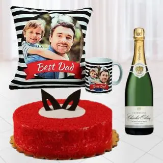 Set of photo cushion with photo mug, Bottle of champagne, with 1 pound red velvet cool cake 