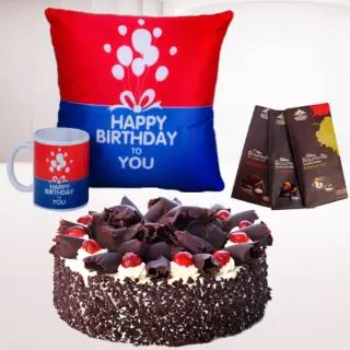 set of photo mug with photo cushion, 3 bournville dark chocolates with 1 pound black forest cool cake 