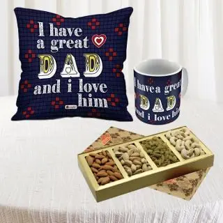 Set of photo mug with photo cushion along with box of 250 grams assorted nuts 