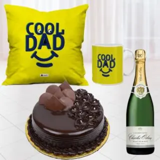 Set of Photo mug with photo cushion, half kg chocolate cool cake with bottle of champagne 